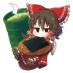  1girl black_eyes bow brown_hair chamaji chibi commentary_request cup eating food frilled_bow frills full_body geta green_tea hair_between_eyes hair_bow hair_tubes hakurei_reimu jitome red_bow red_skirt ribbon-trimmed_skirt ribbon-trimmed_sleeves ribbon_trim senbei sidelocks simple_background skirt socks solo tea touhou white_background white_legwear wide_sleeves yunomi 