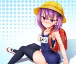  1girl ass backpack bag black_legwear blush breasts cleavage clothes_writing fate/grand_order fate_(series) hat helena_blavatsky_(fate/grand_order) highres looking_at_viewer morokoshi_(tekku) one-piece_swimsuit purple_hair randoseru school_hat school_swimsuit shoes short_hair small_breasts solo swimsuit thigh-highs uwabaki violet_eyes 