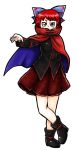  1girl ankle_boots arm_at_side boots bow cape covered_mouth full_body furrowed_eyebrows hair_bow high_collar legs_crossed looking_at_viewer miniskirt nazotyu pose red_eyes redhead sekibanki short_eyebrows short_hair skirt solo touhou transparent_background tunic 