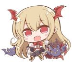  1girl :&lt; :d angeltype animal bangs bat bat_wings black_legwear black_skirt blonde_hair blush_stickers boots bow bowtie chibi cross-laced_clothes cross-laced_footwear eyebrows_visible_through_hair fang flying frilled_skirt frills full_body granblue_fantasy hair_between_eyes hands_up head_wings lace-up_boots long_hair long_sleeves looking_at_viewer open_mouth pointy_ears red_bow red_bowtie red_eyes shingeki_no_bahamut shiny shiny_hair shirt simple_background skirt smile solo thigh-highs vampire vampy white_background white_boots white_shirt wings yellow_eyes 