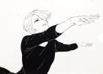  1boy arms_up hair_over_one_eye hakuto_nochi highres looking_up male_focus monochrome parted_lips standing standing_on_one_leg viktor_nikiforov yuri!!!_on_ice 
