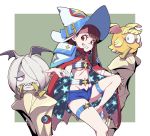  3girls adapted_costume alternate_costume bat_wings blue_eyes blue_shorts breasts brown_hair cape capelet cosplay glasses grin groin guilty_gear guilty_gear_xrd hair_over_one_eye half-closed_eyes han_megumi hat head_wings kagari_atsuko legs little_witch_academia long_hair lotte_yanson medium_breasts multiple_girls navel purple_hair ramlethal_valentine ramlethal_valentine_(cosplay) red_cape red_eyes seiyuu_connection sharp_teeth short_shorts shorts simple_background sitting smile star stomach sucy_manbavaran teeth thigh_strap uganda under_boob white_background wings witch_hat 