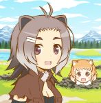  2girls animal_ears antenna_hair beaver_ears bikini_top black-tailed_prairie_dog_(kemono_friends) blush_stickers breasts brown_eyes cleavage clouds day dog_ears face fur_collar grass grey_hair hair_ornament hairclip kemono_friends light_brown_hair looking_at_viewer medium_breasts mountain multiple_girls nature north_american_beaver_(kemono_friends) on_ground open_mouth outdoors pine_tree prairie_dog_ears river shiumai short_hair sky smile torn_clothes torn_sleeves tree upper_body 