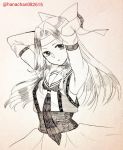  1girl arms_behind_head black_gloves bow elbow_gloves gloves hair_bow hair_intakes hanachan_(artist) headband jintsuu_(kantai_collection) kantai_collection long_hair looking_at_viewer monochrome sketch solo twitter_username upper_body white_background 