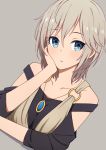  1girl anastasia_(idolmaster) bare_shoulders blue_eyes hand_on_own_cheek highres idolmaster idolmaster_cinderella_girls jewelry looking_at_viewer pendant short_hair silver_hair simple_background solo yahiro_(epicopeiidae) 