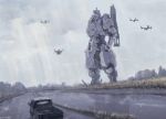  aircraft blurry building clouds cloudy_sky commentary dated depth_of_field faux_traditional_media grass ground_vehicle helicopter highres light_rays mecha motor_vehicle muted_color no_humans original rain road scenery science_fiction shadow signature sketch sky street truck weapon zennosuke 