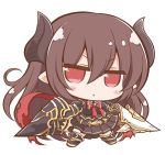  &gt;:&lt; 1girl :&lt; angeltype armor bangs belt black_boots boots breasts brooch brown_belt brown_dress brown_hair brown_skirt chibi closed_mouth collar doraf dress dual_wielding eyebrows_visible_through_hair forte_(shingeki_no_bahamut) full_body granblue_fantasy hair_between_eyes holding holding_spear holding_weapon horns jewelry jitome lance legs_apart long_hair looking_at_viewer medium_breasts neck_ribbon pleated_dress polearm red_eyes red_ribbon ribbon shingeki_no_bahamut shiny shiny_hair simple_background skirt solo spaulders standing weapon white_background 