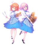  2girls :d ;) ahoge alternate_costume apron baguette basket black_shoes blouse blue_bow blue_bowtie blue_skirt bow bowtie bread breasts carrying fate/grand_order fate_(series) food fujimaru_ritsuka_(female) full_body glasses hair_ornament hair_over_one_eye hair_scrunchie holding knees_touching kobeya koubeya_uniform looking_at_viewer mary_janes matching_outfit medium_breasts minoa_(lastswallow) multiple_girls no_socks one_eye_closed open_mouth orange_hair plaid plaid_apron purple_hair scrunchie shielder_(fate/grand_order) shirt shoes short_hair short_ponytail short_sleeves side_ponytail simple_background skirt smile standing tongs violet_eyes waist_apron waitress white_background white_shirt yellow_eyes 