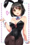 :d animal_ears arm_support bare_shoulders black_hair bow bowtie breasts brown_eyes brown_legwear cleavage covered_navel detached_collar eyebrows_visible_through_hair fake_animal_ears hairband highres idolmaster idolmaster_cinderella_girls large_breasts leotard open_mouth pantyhose paopao playboy_bunny_leotard rabbit_ears smile takafuji_kako wrist_cuffs 