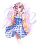  1girl alternate_costume bare_legs bare_shoulders blue_dress collarbone dress fate/grand_order fate_(series) glasses hand_on_own_cheek hand_on_own_face jacket looking_at_viewer off_shoulder open_mouth parnasso plaid plaid_dress purple_hair shielder_(fate/grand_order) short_hair simple_background skirt_hold smile solo violet_eyes white_background yellow_jacket 