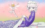 2girls :d blanket blue_clothes blue_eyes eyebrows_visible_through_hair fairy fairy_wings futon hat letty_whiterock lily_white long_sleeves meitei multiple_girls open_mouth outstretched_arms petals silver_hair smile snowflake_print spread_arms spring touhou track_suit white_clothes white_hat wings 