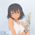  1girl adjusting_clothes adjusting_gloves bare_shoulders brown_hair chimaki_(u9works) girls_und_panzer gloves green_eyes grey_background hoshino_(girls_und_panzer) looking_at_viewer putting_on_gloves solo tan tank_top upper_body white_tank_top 