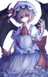  1girl bat_wings commentary_request dress fang flat_chest gavrof grin hat highres mob_cap puffy_short_sleeves puffy_sleeves remilia_scarlet short_hair short_sleeves smile solo touhou vampire wings 