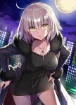  1girl bent_over cityscape coat collarbone dress fate/grand_order fate_(series) full_moon fur_trim jeanne_alter jewelry moon necklace night night_sky ruler_(fate/apocrypha) shirako_miso silver_hair sky solo yellow_eyes 