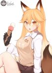  1girl :o animal_ears arm_at_side artist_name black_gloves black_skirt blonde_hair blush bow dated eyebrows_visible_through_hair ezo_red_fox_(kemono_friends) fang food food_on_clothes food_on_face fox_ears fox_tail from_side gloves hair_between_eyes holding holding_food ice_cream_cone japari_symbol k_jin kemono_friends legs_crossed long_hair long_sleeves looking_at_viewer number open_mouth orange_eyes pleated_skirt school_uniform shirt simple_background sitting skirt solo sweater_vest tail very_long_hair white_background white_bow white_shirt 