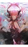  1girl :o air_bubble black_dress black_ribbon breasts bubble claws collarbone detached_sleeves dragon_horns dress fate/extra fate/extra_ccc fate/grand_order fate_(series) flower frills hair_ribbon highres hong horns lancer_(fate/extra_ccc) long_hair open_mouth pink_hair pointy_ears ribbon small_breasts solo spider_lily underwater violet_eyes white_sleeves wrist_cuffs 