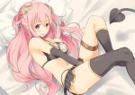  1girl :p absurdres arm_warmers bed bikini_top black_legwear blush breasts cleavage demon_girl demon_tail highleg highleg_panties highres horns kneehighs long_hair looking_at_viewer lying maechuu medium_breasts miniskirt mismatched_legwear on_side original panties pillow pink_eyes pink_hair pointy_ears single_kneehigh single_thighhigh skirt smile solo succubus tail thigh-highs thigh_strap tongue tongue_out underwear 