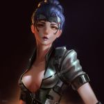  1girl alternate_costume breasts cleavage dark_background goggles goggles_on_head highres looking_at_viewer overwatch parted_lips ponytail purple_hair raikoart solo talon_widowmaker widowmaker_(overwatch) yellow_eyes 