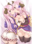  2girls alternate_costume ass bare_shoulders black_gloves breasts cleavage elbow_gloves gloves granblue_fantasy hair_over_one_eye hand_holding highres horns large_breasts long_hair multiple_girls narumeia_(granblue_fantasy) pink_hair pointy_ears thighs thomasz 