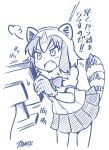  angry animal_ears artist_name commentary_request fang gloves greyscale holding kemono_friends monitor monochrome open_mouth pleated_skirt puffy_short_sleeves puffy_sleeves raccoon_(kemono_friends) raccoon_ears raccoon_tail short_hair short_sleeves skirt solo sweatdrop tail translation_request white_background yamato_nadeshiko 