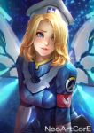  1girl armband artist_name belt_pouch blonde_hair blue_eyes blurry blurry_background breasts combat_medic_ziegler commentary cross_print freckles glowing glowing_wings hair_over_one_eye hat head_tilt light_particles lips logo looking_away looking_to_the_side mechanical_wings medium_breasts mercy_(overwatch) nudtawut_thongmai open_mouth overwatch pink_lips shiny shiny_clothes shiny_hair solo thick_eyebrows uniform upper_body watermark web_address white_hat wings 