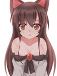  1girl animal_ears ao_(aoblueao) blush breasts brooch brown_hair cleavage collarbone dress imaizumi_kagerou jewelry large_breasts long_sleeves looking_at_viewer off-shoulder_shirt off_shoulder open_mouth red_eyes shirt simple_background solo touhou white_background wide_sleeves wolf_ears 