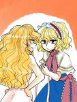  2girls :/ alice_margatroid annoyed blonde_hair blue_dress blue_eyes bust_measuring capelet dress eyebrows_visible_through_hair frilled_hairband hairband hands_on_hips highres jitome kirisame_marisa komaku_juushoku lolita_hairband long_hair measuring multiple_girls orange_background red_hairband sash short_hair sweatdrop tape_measure topless touhou unamused wavy_hair white_bloomers 