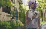  1girl alternate_costume assassin_(fate/prototype_fragments) bangs bare_shoulders belt closed_mouth dark_skin day fate/prototype fate/prototype:_fragments_of_blue_and_silver fate_(series) grass hairband highres holding holding_phone hood house looking_to_the_side nature outdoors phone plant purple_hair scenery short_hair solo tree tsuiru upper_body violet_eyes watch watch 