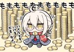  1girl ahoge angeltype bangs black-framed_eyewear black_legwear black_ribbon black_shoes blonde_hair blue_skirt blush_stickers braid chibi coat coin duffel_coat eyebrows_visible_through_hair fate/grand_order fate_(series) fringe full_body glasses gold grey_coat hair_between_eyes hair_ribbon hands_up heroine_x heroine_x_(alter) jitome long_sleeves neckerchief on_floor open_clothes open_coat outline pantyhose plaid plaid_scarf pleated_skirt pocket red_neckerchief red_scarf ribbon saber scarf school_uniform semi-rimless_glasses shiny shiny_clothes shiny_hair shoes short_hair sitting skirt solo translation_request under-rim_glasses yellow_eyes 