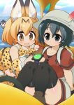  3girls alternate_legwear animal_ears bow bowtie bucket_hat common_dolphin_(kemono_friends) elbow_gloves eyebrows_visible_through_hair gloves hair_between_eyes hat hat_feather japari_bus japari_symbol kaban_(kemono_friends) kemono_friends lucky_beast_(kemono_friends) multicolored_hair multiple_girls rakuma_kanori serval_(kemono_friends) serval_ears serval_print serval_tail sleeveless tail thigh-highs two-tone_hair 