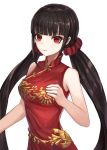  1girl bangs bare_arms bare_shoulders black_hair blunt_bangs breasts china_dress chinese_clothes closed_mouth commentary_request dangan_ronpa dress expressionless eyebrows_visible_through_hair hair_ornament hair_scrunchie hand_on_own_chest hand_up harukawa_maki highres long_hair looking_at_viewer low_twintails lunacle medium_breasts new_dangan_ronpa_v3 print_dress red_dress red_eyes scrunchie shiny shiny_hair sidelocks simple_background sleeveless sleeveless_dress solo twintails upper_body white_background 