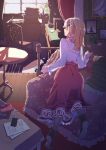  1girl blonde_hair book brown_eyes chair day digital_media_player flower highres indoors kagawa_yuusaku kneeling long_hair long_skirt looking_at_viewer looking_back original skirt solo table vase 