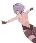  1girl ass assassin_(fate/prototype_fragments) backless_outfit bare_back bare_shoulders black_gloves black_legwear blush breasts closed_mouth cowboy_shot dark_skin fate/prototype fate/prototype:_fragments_of_blue_and_silver fate_(series) fingerless_gloves from_behind gloves hairband kurokuro looking_at_viewer looking_back lowleg_pantyhose medium_breasts outstretched_arms pantyhose profile purple_hair short_hair sideboob smile solo spread_arms thigh_gap violet_eyes 