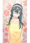 1girl alternate_costume alternate_hairstyle arms_behind_back black_hair braid casual collarbone floral_background floral_print glasses green_eyes hair_between_eyes hair_over_shoulder hairband head_tilt highres kantai_collection long_hair looking_to_the_side ooyodo_(kantai_collection) red-framed_eyewear semi-rimless_glasses shirt short_sleeves smile solo t-shirt twin_braids under-rim_glasses upper_body yellow_shirt yellow_t-shirt yuuji_(and)