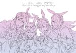  2boys 2girls animal_ears breasts bunnysuit camilla_(fire_emblem_if) closed_eyes father_and_daughter fire_emblem fire_emblem:_kakusei fire_emblem_heroes fire_emblem_if hair_over_one_eye krazehkai krom long_hair looking_at_viewer lucina marks_(fire_emblem_if) monochrome multiple_boys multiple_girls one_eye_closed rabbit_ears short_hair smile v 