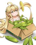  1girl ahoge bangs bare_shoulders blonde_hair blush box corn dress granblue_fantasy green_eyes harbin long_hair melissabelle pointy_ears prehensile_hair simple_background solo strap_slip very_long_hair white_background white_dress youkan 