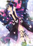  1girl accel_world antenna_hair bare_shoulders black_hair blush butterfly butterfly_wings commentary_request copyright_name dress elbow_gloves full_body gloves kuroyukihime long_hair navel open_mouth red_eyes solo trianon wings 