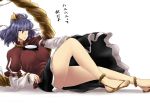  1girl breasts brown_eyes commentary_request hair_ornament juliet_sleeves large_breasts leaf_hair_ornament legs long_sleeves looking_at_viewer mirror puffy_sleeves purple_hair reclining rope sandals shimenawa sitting skirt solo text tobisawa touhou translation_request yasaka_kanako 