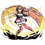  1girl belt blush boots bow breasts brown_boots brown_hair divine_gate floating_hair full_body hair_between_eyes hair_bow kono_subarashii_sekai_ni_shukufuku_wo! large_breasts long_hair looking_at_viewer magic open_mouth outstretched_arm red_bow red_eyes red_legwear shadow skirt solo standing thigh-highs transparent_background ucmm wavy_mouth white_skirt yunyun_(konosuba) 