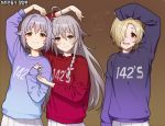  3girls ahoge arm_up artist_name bangs black_sweater blonde_hair blue_sweater blush braid brown_background brown_eyes clothes_writing cowboy_shot eyebrows eyelashes gradient_clothes grey_eyes grey_hair group_name hair_ornament hair_over_one_eye hair_ribbon heart_arms heart_arms_duo hoshi_shouko idolmaster idolmaster_cinderella_girls koshimizu_sachiko lavender_hair long_hair long_sleeves looking_at_viewer multiple_girls pink_ribbon pink_sweater pleated_skirt purple_sweater red_eyes red_sweater ribbon rod_(rod4817) sanpaku shirasaka_koume short_hair signature simple_background single_braid skirt smile sweater swept_bangs tareme translation_request very_long_hair wavy_mouth white_skirt 