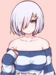  1girl bare_shoulders blue_eyes breasts collarbone disco_brando eyes_visible_through_hair hair_ornament hair_over_one_eye hairclip hamakaze_(kantai_collection) jitome kantai_collection large_breasts looking_at_viewer off-shoulder_shirt shirt short_hair silver_hair simple_background sleeves_past_wrists solo striped striped_shirt twitter_username upper_body 