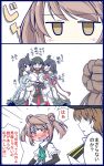  &gt;_&lt; 1boy 6+girls :d ^_^ admiral_(kantai_collection) arm_warmers asagumo_(kantai_collection) bare_shoulders black_eyes black_hair blush braid breast_smother breasts brown_hair closed_eyes comic commentary_request detached_sleeves embarrassed fingerless_gloves fusou_(kantai_collection) girl_sandwich gloves hair_ornament hair_over_shoulder hairband hat headgear highres hug jitome kantai_collection kuon_(nokokopopo) large_breasts long_hair long_sleeves michishio_(kantai_collection) military military_hat military_uniform mogami_(kantai_collection) multiple_girls naval_uniform nontraditional_miko obi open_mouth peaked_cap pleated_skirt red_eyes ribbon sandwiched sash school_uniform serafuku shigure_(kantai_collection) shirt short_hair silver_hair single_braid skirt smile suspenders sweat translation_request twintails uniform white_shirt yamagumo_(kantai_collection) yamashiro_(kantai_collection) 