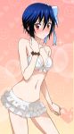  1girl bikini bikini_skirt blue_bow blue_hair bow breasts cleavage cowboy_shot hair_between_eyes hair_bow looking_at_viewer medium_breasts mole mole_under_eye navel nisekoi red_eyes short_hair solo standing sweatdrop swimsuit tsugumi_seishirou white_bikini 