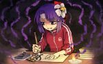  1girl aura bags_under_eyes bangs blunt_bangs book_stack calligraphy_brush candle commentary_request dark_aura flower hair_flower hair_ornament headband hieda_no_akyuu meitei paintbrush paper paper_stack purple_hair shaded_face short_hair smile solo touhou track_suit violet_eyes white_flower writing 