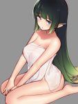  1girl bare_legs barefoot blue_eyes breasts cleavage eyebrows_visible_through_hair from_above green_hair grey_background highres large_breasts long_hair looking_at_viewer looking_up naked_towel nezuko original pointy_ears simple_background sitting solo towel very_long_hair wariza 