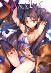  1girl armpits arms_up bare_shoulders black_hair blurry breasts cleavage commentary_request earrings fate/grand_order fate_(series) heavenly_boat_maanna highres hoop_earrings ishtar_(fate/grand_order) jewelry long_hair looking_at_viewer medium_breasts red_eyes revision single_thighhigh sitting smile solo thigh-highs tohsaka_rin tsuki_suigetsu two_side_up 