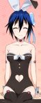  1girl animal_ears arm_support black_legwear black_leotard blue_bow blue_hair bow breasts choker cleavage closed_eyes collarbone groin hair_bow heart_cutout leotard medium_breasts mole mole_under_eye navel nisekoi rabbit_ears short_hair sitting smile solo strapless strapless_leotard thigh-highs tsugumi_seishirou wrist_cuffs 