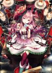  1girl akkijin candy demon_girl demon_tail dress flower food hair_flower hair_ornament lollipop pink_hair red_eyes red_ribbon ribbon shinkai_no_valkyrie solo spiral tail thigh-highs tongue tongue_out white_dress 