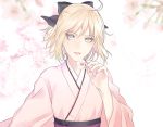  1girl ahoge black_bow blonde_hair blurry bow cherry_blossoms fate/grand_order fate_(series) flower grey_eyes hair_bow half_updo holding holding_flower japanese_clothes kanameyura kimono koha-ace looking_at_viewer obi outdoors parted_lips pink_kimono sakura_saber sash short_hair solo upper_body 