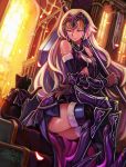  1girl armor armored_dress bangs bare_shoulders black_cat black_dress breasts cat chains closed_mouth def_(chronowarld) dress fate/grand_order fate_(series) flag gauntlets greaves headpiece highres jeanne_alter long_hair looking_at_another petals ruler_(fate/apocrypha) silver_hair sitting small_breasts smile sunlight thighhighs_under_boots very_long_hair yellow_eyes 